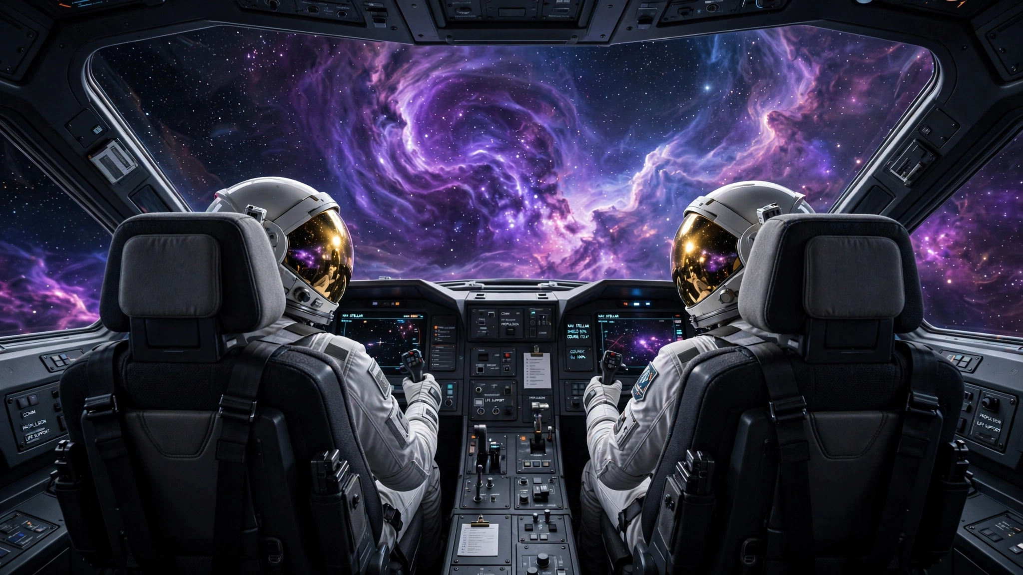 The two Farlight pilots in the cockpit, suited with visors down, facing a nebula